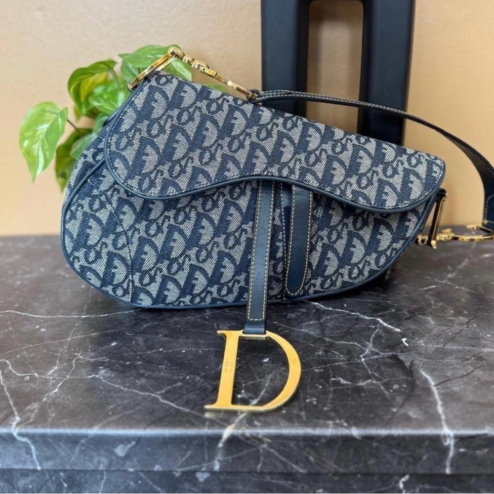 Dior Monogram Blue and Gold Saddle Bag